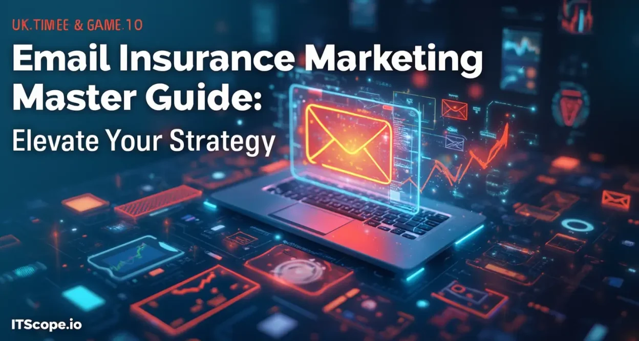 Futuristic email insurance marketing illustration showing key strategies from the Master Guide