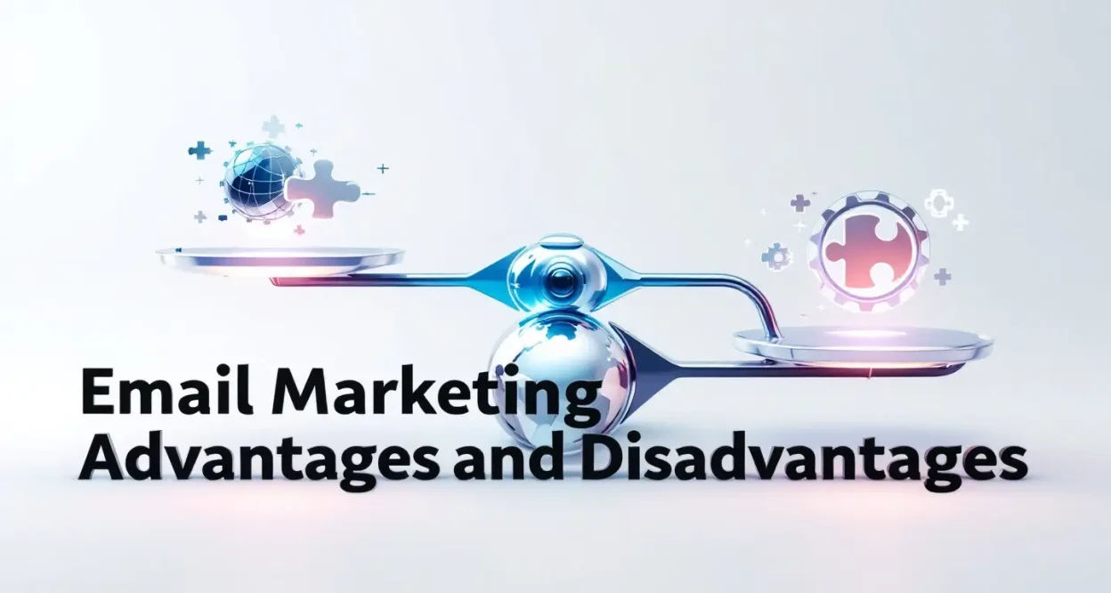 Email marketing advantages and disadvantages illustrated with a balanced scale representing discussion points