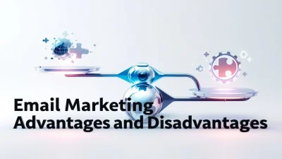 Email marketing advantages and disadvantages illustrated with a balanced scale representing discussion points