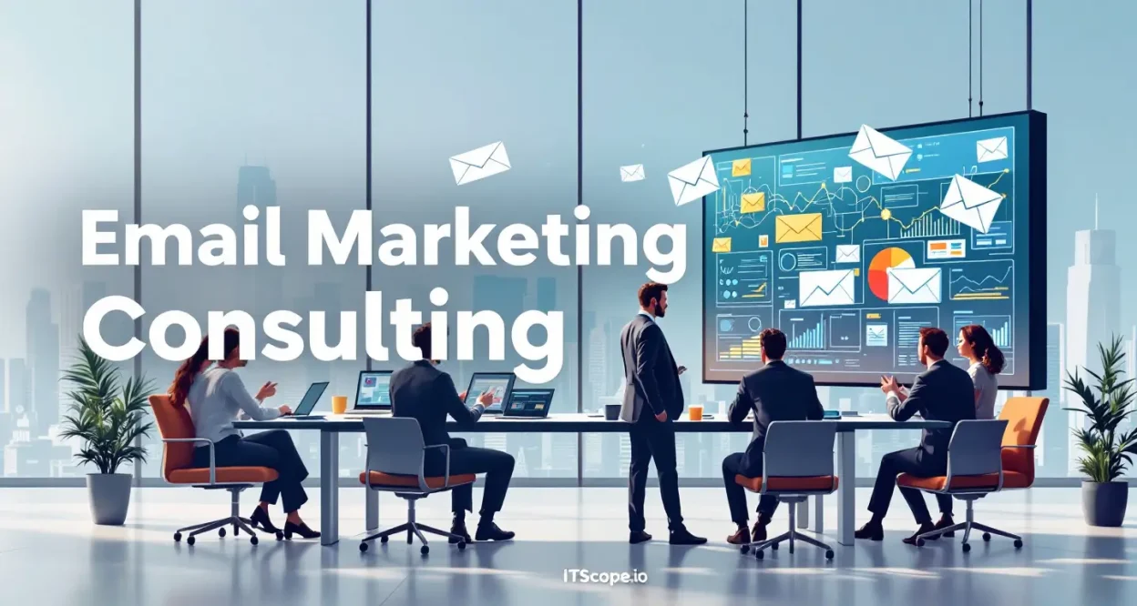 Email marketing consulting services illustration with consultants and digital marketing elements