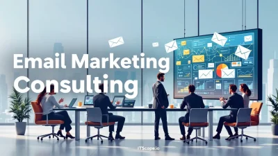 Email marketing consulting services illustration with consultants and digital marketing elements