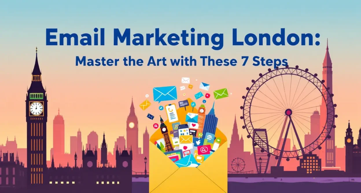 Email Marketing London guide illustration with email icons and London landmarks