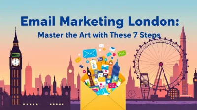 Email Marketing London guide illustration with email icons and London landmarks