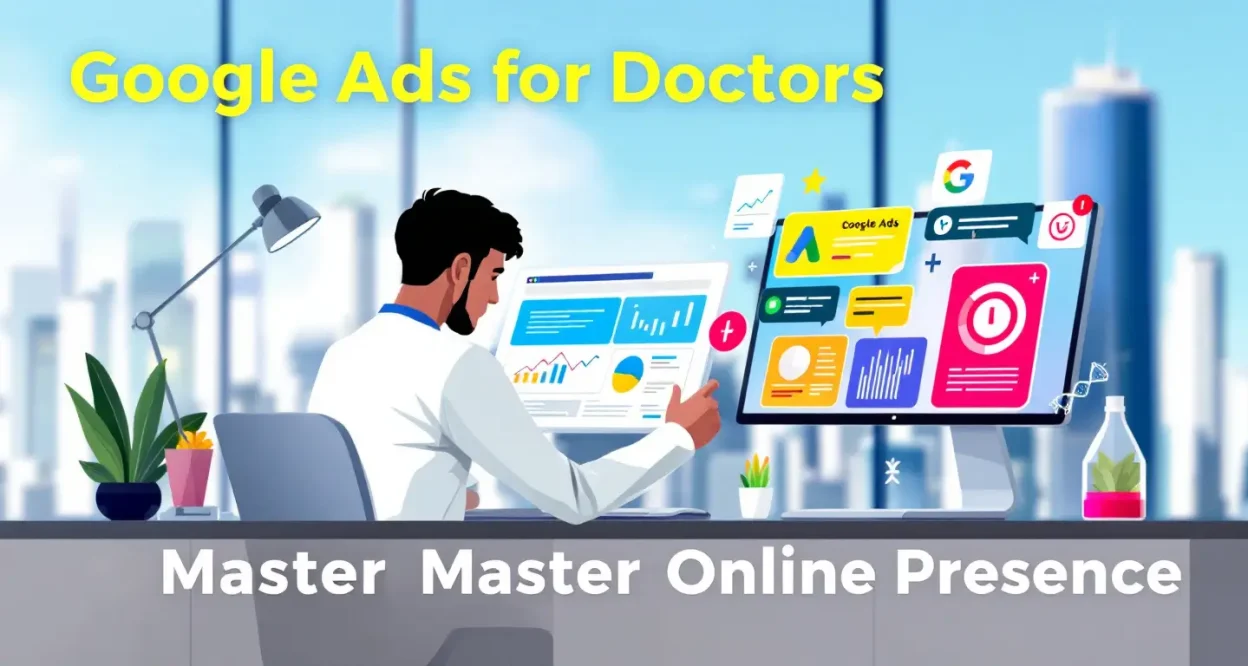 Google Ads for Doctors illustration showing a doctor engaging with digital marketing strategies