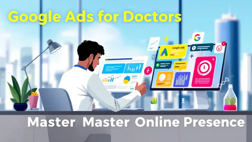 Google Ads for Doctors illustration showing a doctor engaging with digital marketing strategies