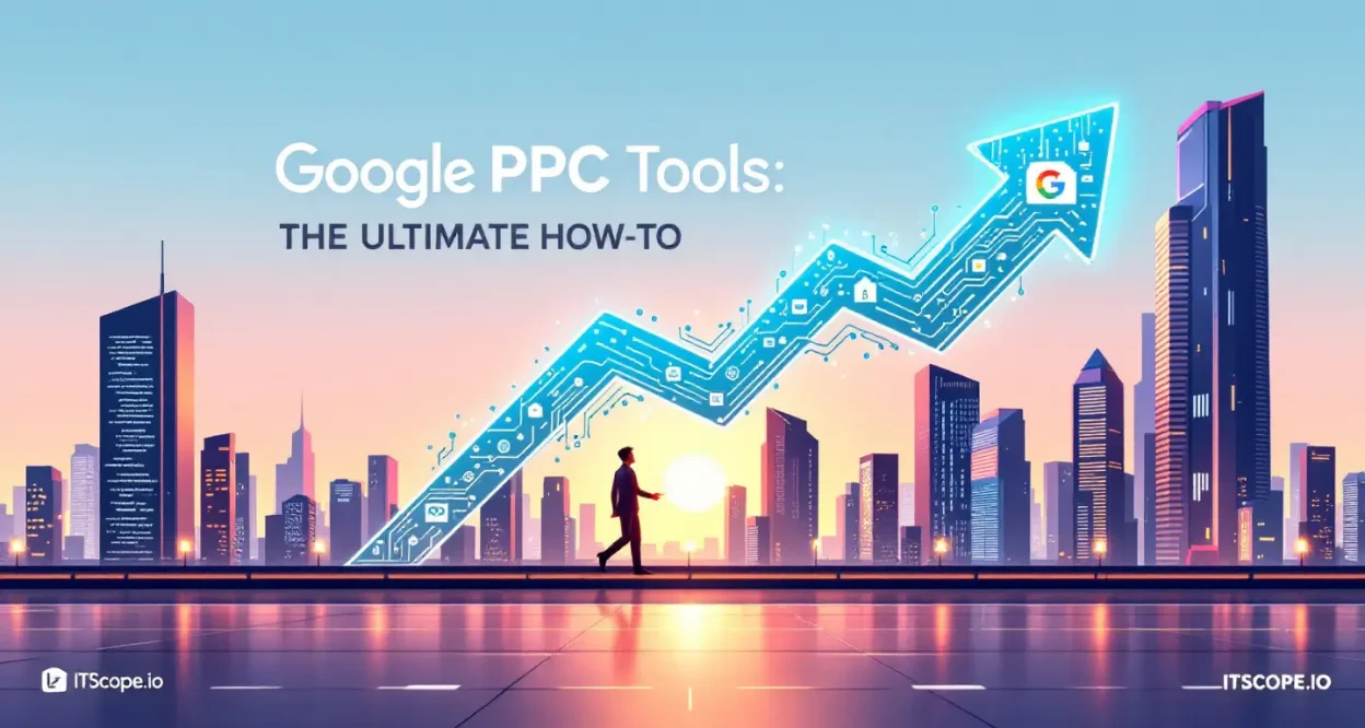 Google PPC Tools illustration showing essential strategies and tools for optimizing ad campaigns