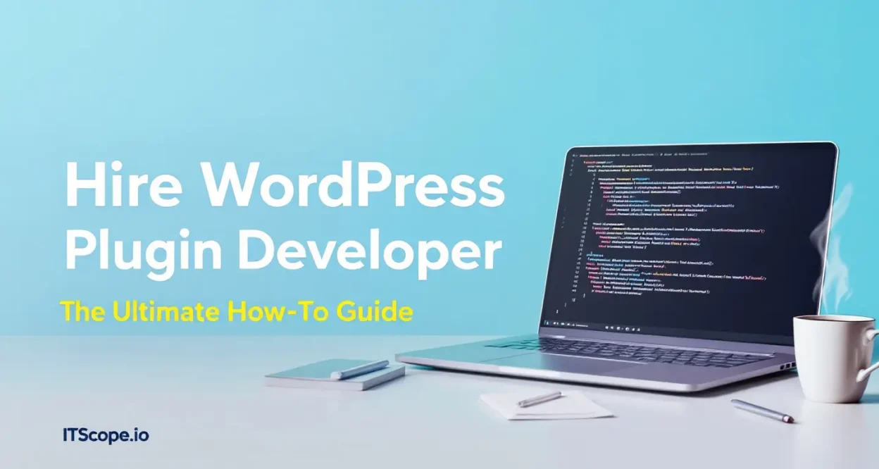 Hire WordPress Plugin Developer guide illustration with coding elements and professional ambiance