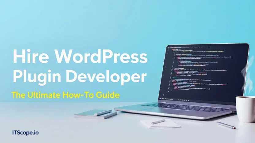 Hire WordPress Plugin Developer guide illustration with coding elements and professional ambiance