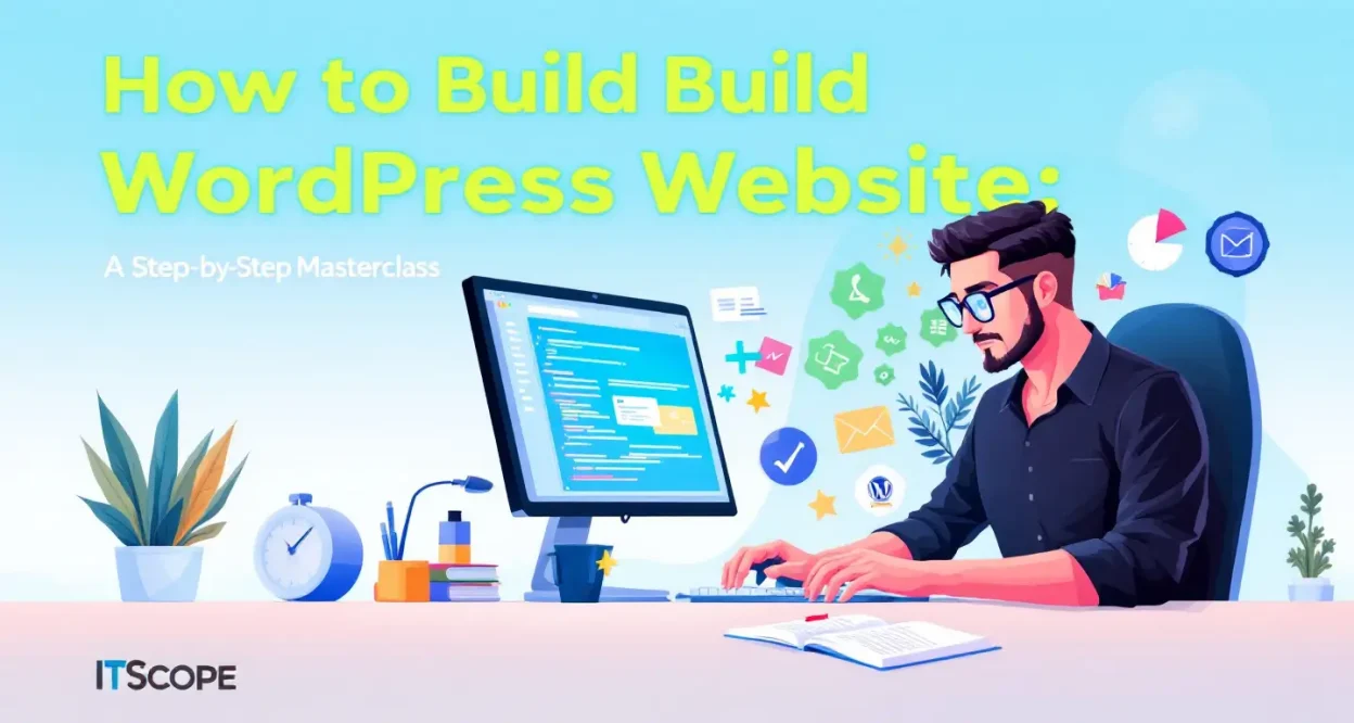 How to Build WordPress Website illustration showing a developer crafting a site