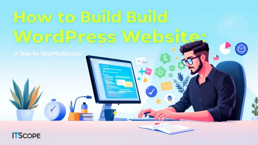 How to Build WordPress Website illustration showing a developer crafting a site