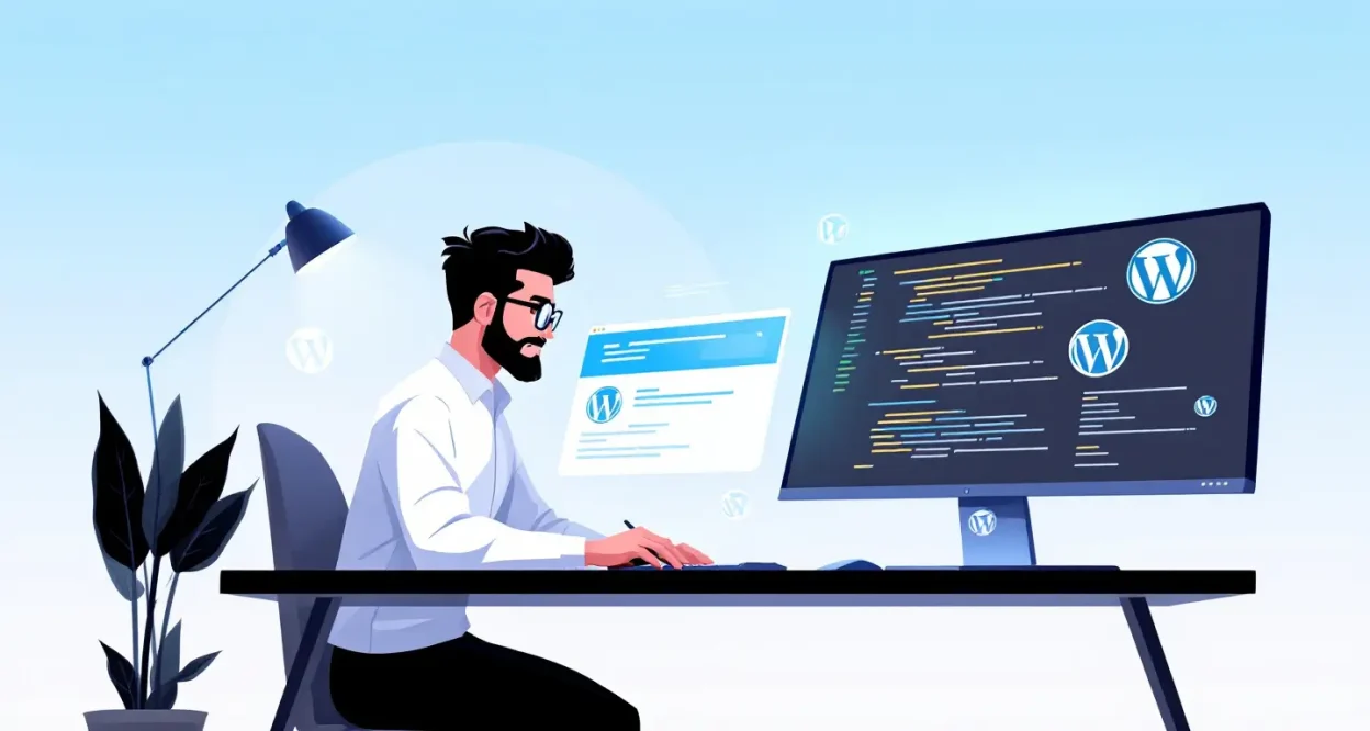 How to edit source code in WordPress illustration showing a developer working on customization.