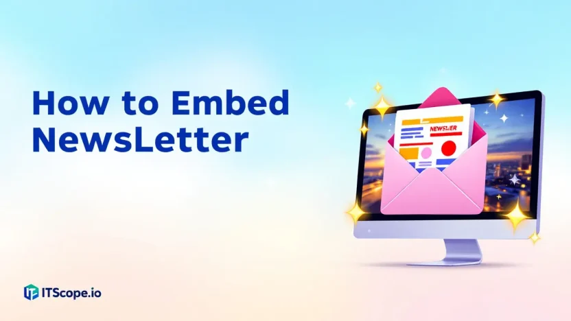 Illustration of how to embed a newsletter in an email with digital elements and email icons