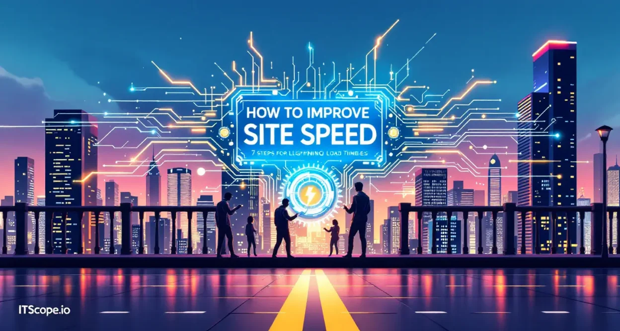 How to improve site speed illustration showing optimization processes for faster load times