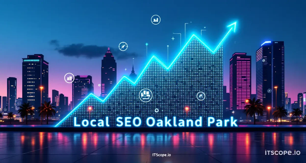 Local SEO Oakland Park illustration with cityscape and digital analytics