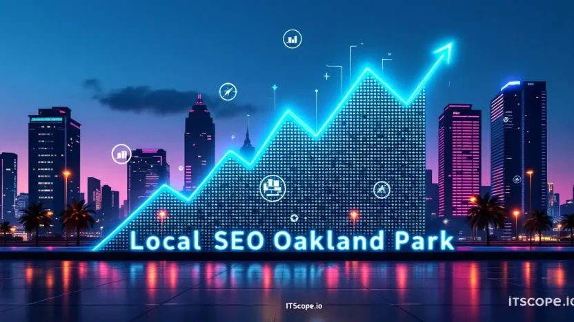 Local SEO Oakland Park illustration with cityscape and digital analytics