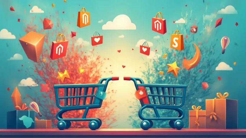 Magento vs Shopify comparison illustration highlighting key e-commerce platform features