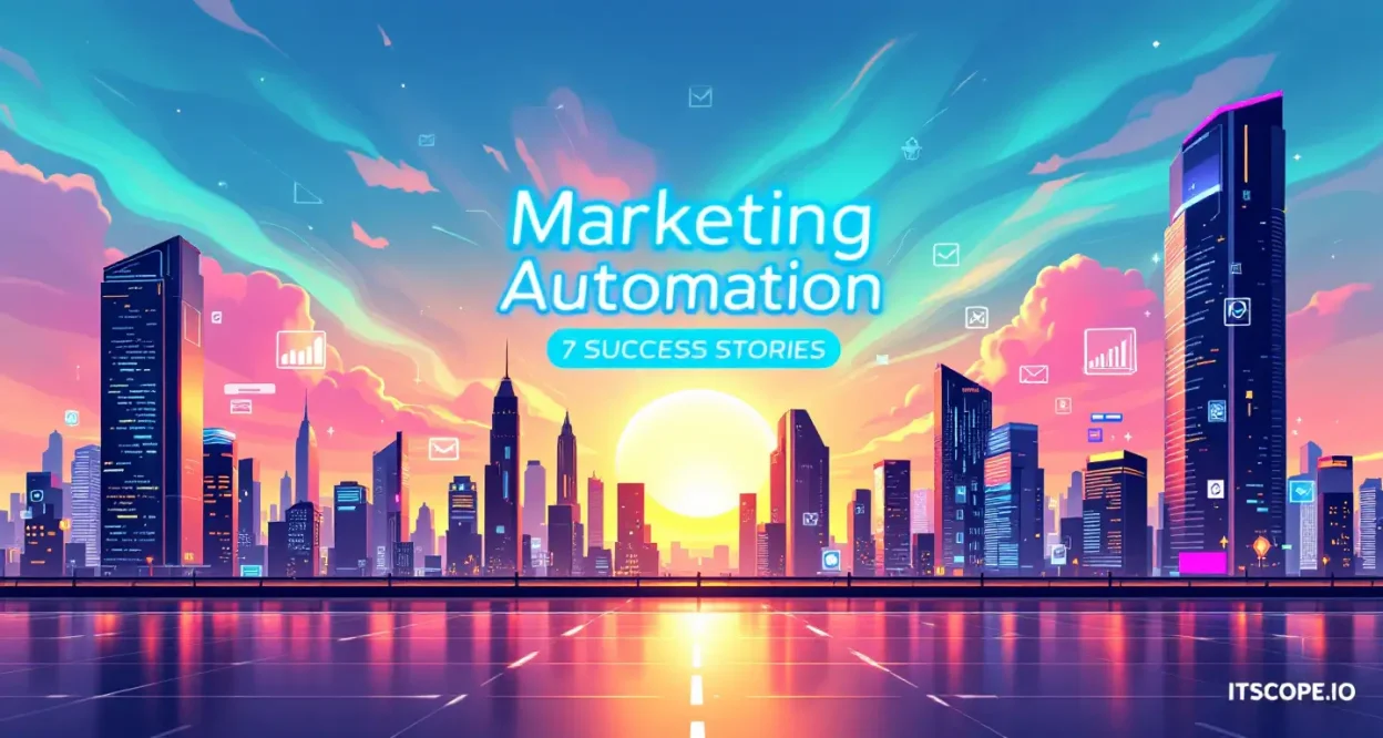 Marketing Automation Examples illustrated with success icons and digital tools