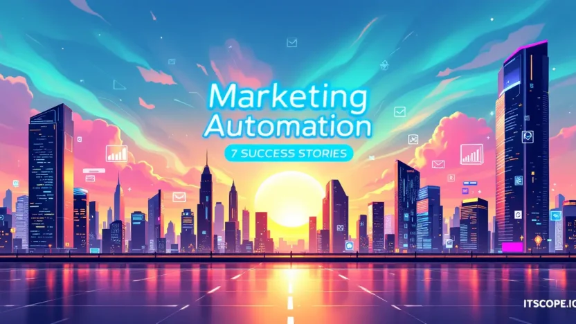 Marketing Automation Examples illustrated with success icons and digital tools