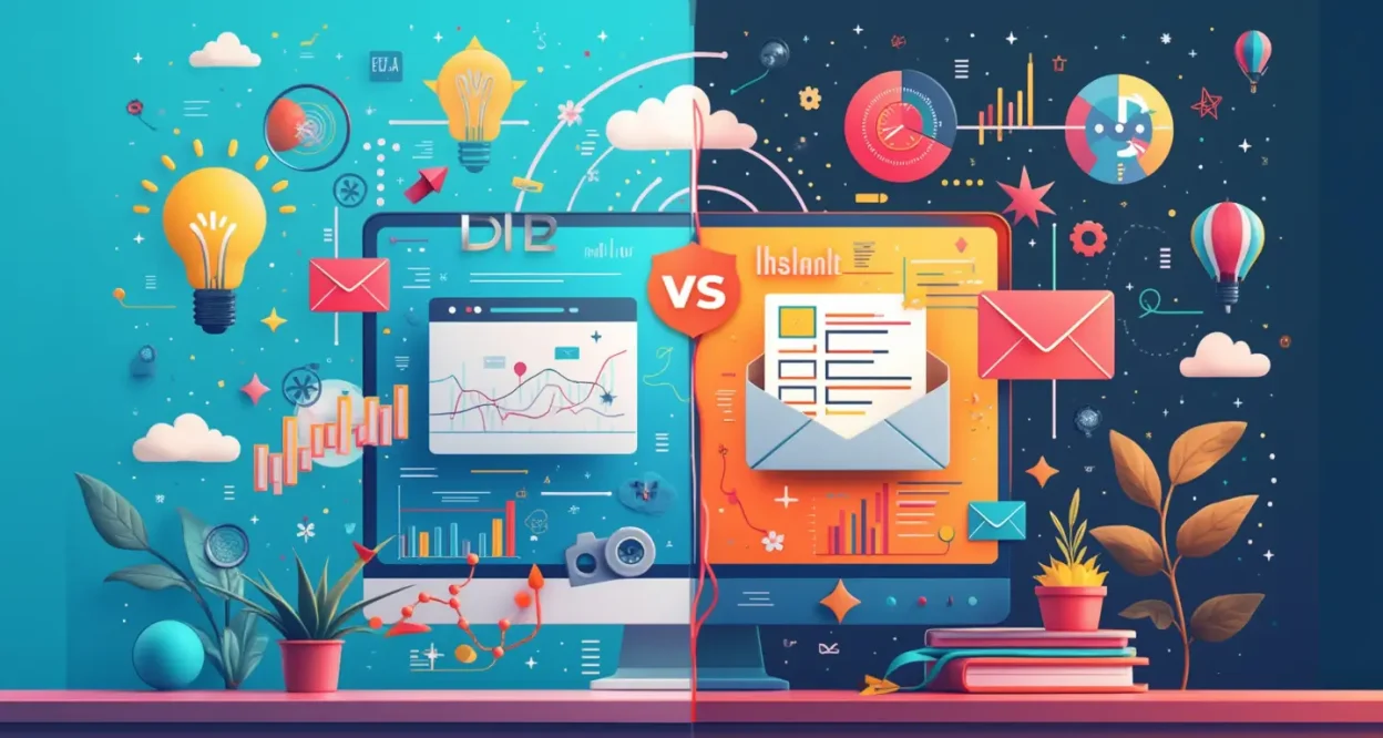 Marketing Automation vs Email Marketing split-screen comparison illustration