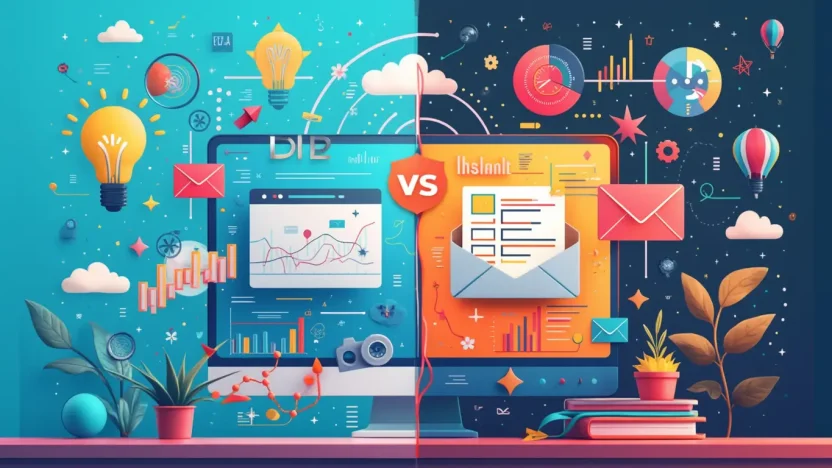 Marketing Automation vs Email Marketing split-screen comparison illustration