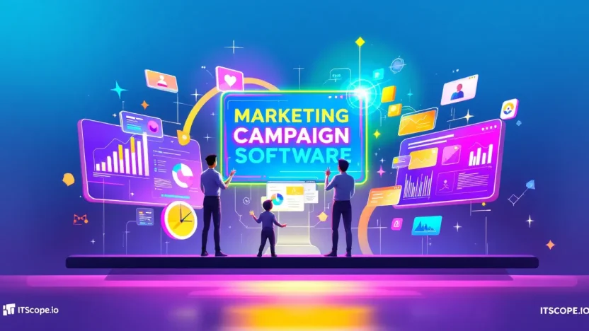 Marketing Campaign Software illustration showing dynamic analytics and tools