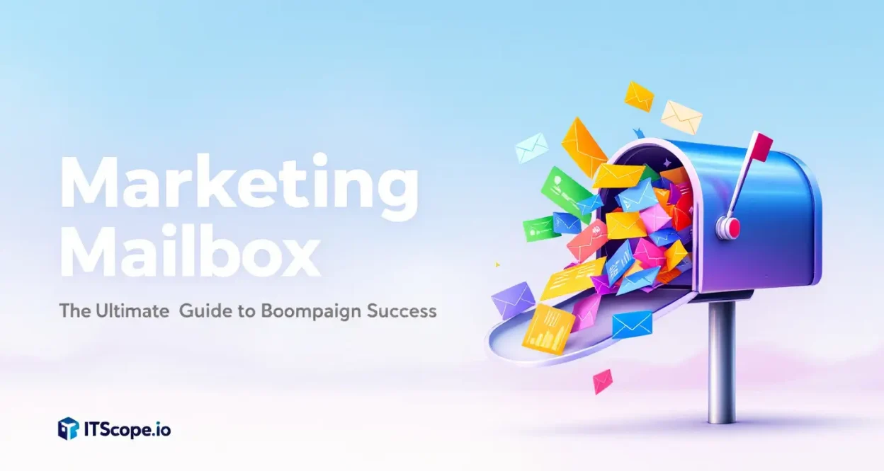 Marketing Mailbox overflowing with campaign letters and analytics symbols