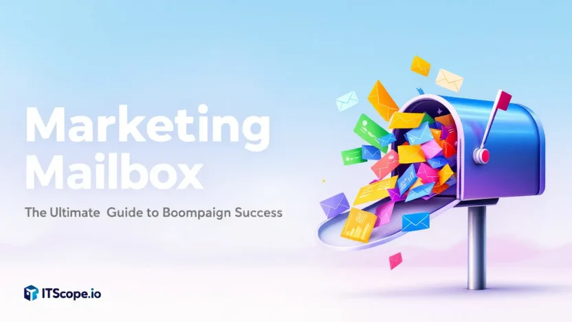 Marketing Mailbox overflowing with campaign letters and analytics symbols