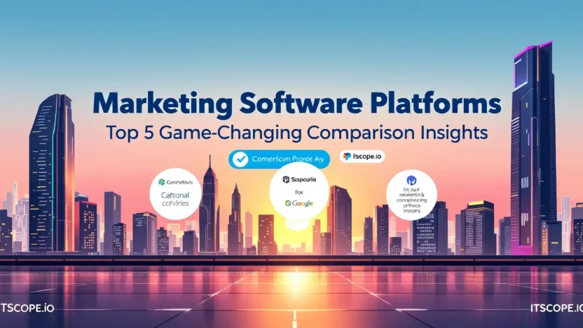 Marketing Software Platforms comparison illustration showing key features and benefits discussed in the blog