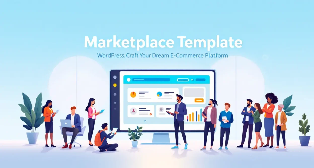 Marketplace Template WordPress setup illustration showing key steps and features