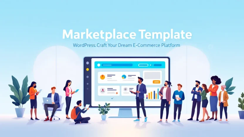 Marketplace Template WordPress setup illustration showing key steps and features