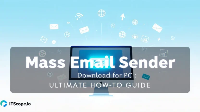 Mass email sender download interface on a PC screen with digital marketing icons