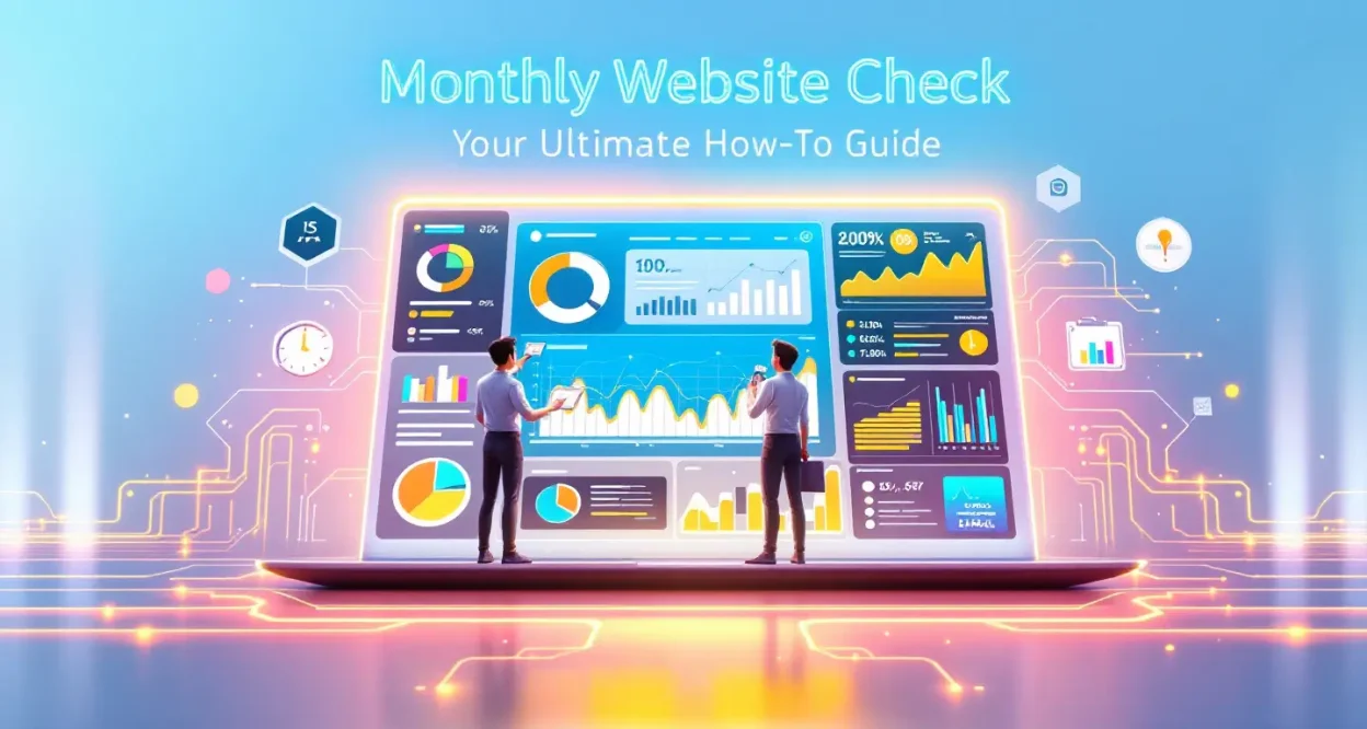 Monthly Website Check illustration showcasing key audit metrics and performance enhancement strategies