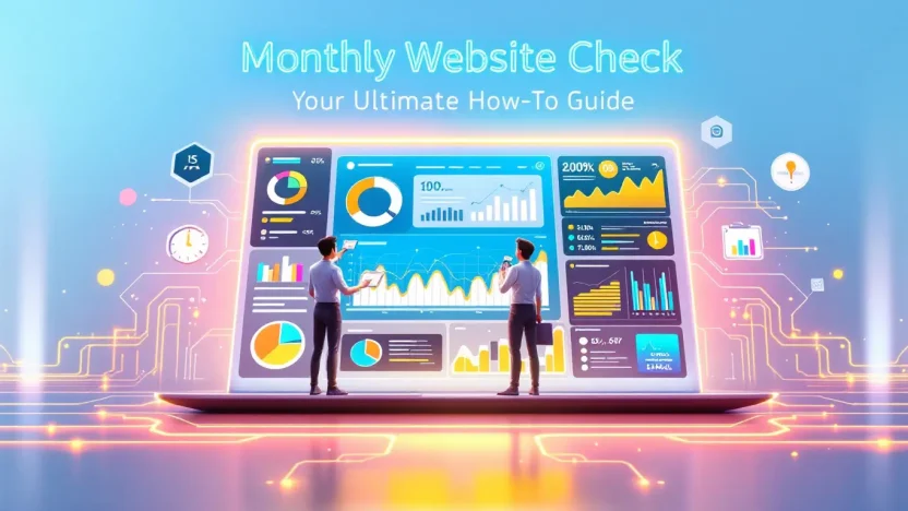 Monthly Website Check illustration showcasing key audit metrics and performance enhancement strategies