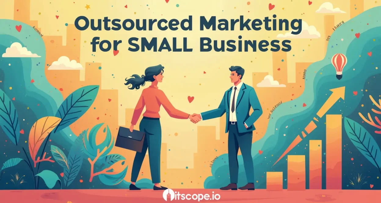 Outsourced marketing illustration for small businesses showing collaboration and growth strategies.