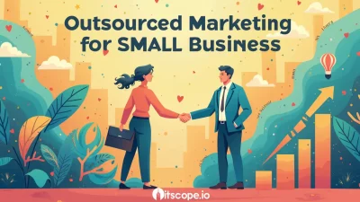 Outsourced marketing illustration for small businesses showing collaboration and growth strategies.