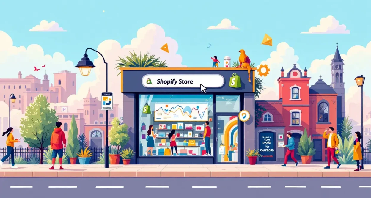 SEO for Shopify Bradford illustration showing key strategies for boosting store visibility