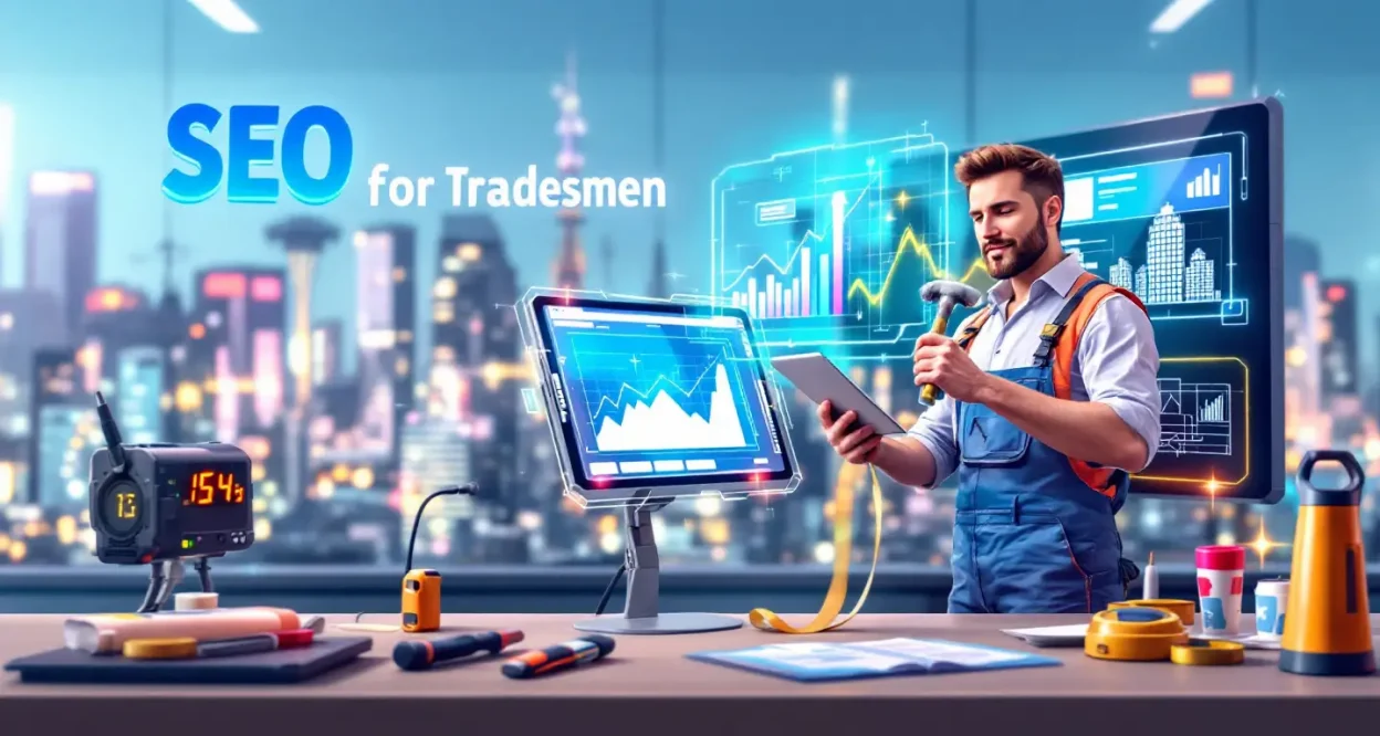 SEO for Tradesmen guide illustration showing tradesmen using digital SEO tools