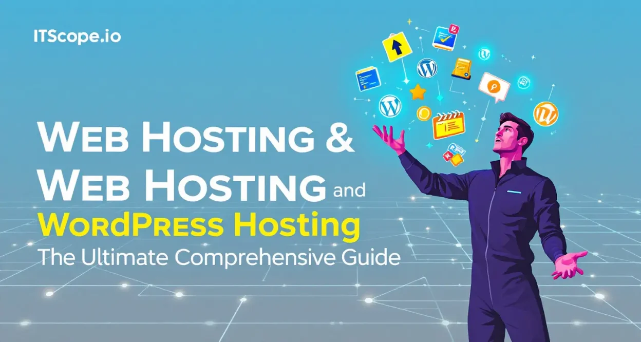 Web Hosting and WordPress Hosting illustration depicting key aspects of online management