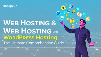 Web Hosting and WordPress Hosting illustration depicting key aspects of online management