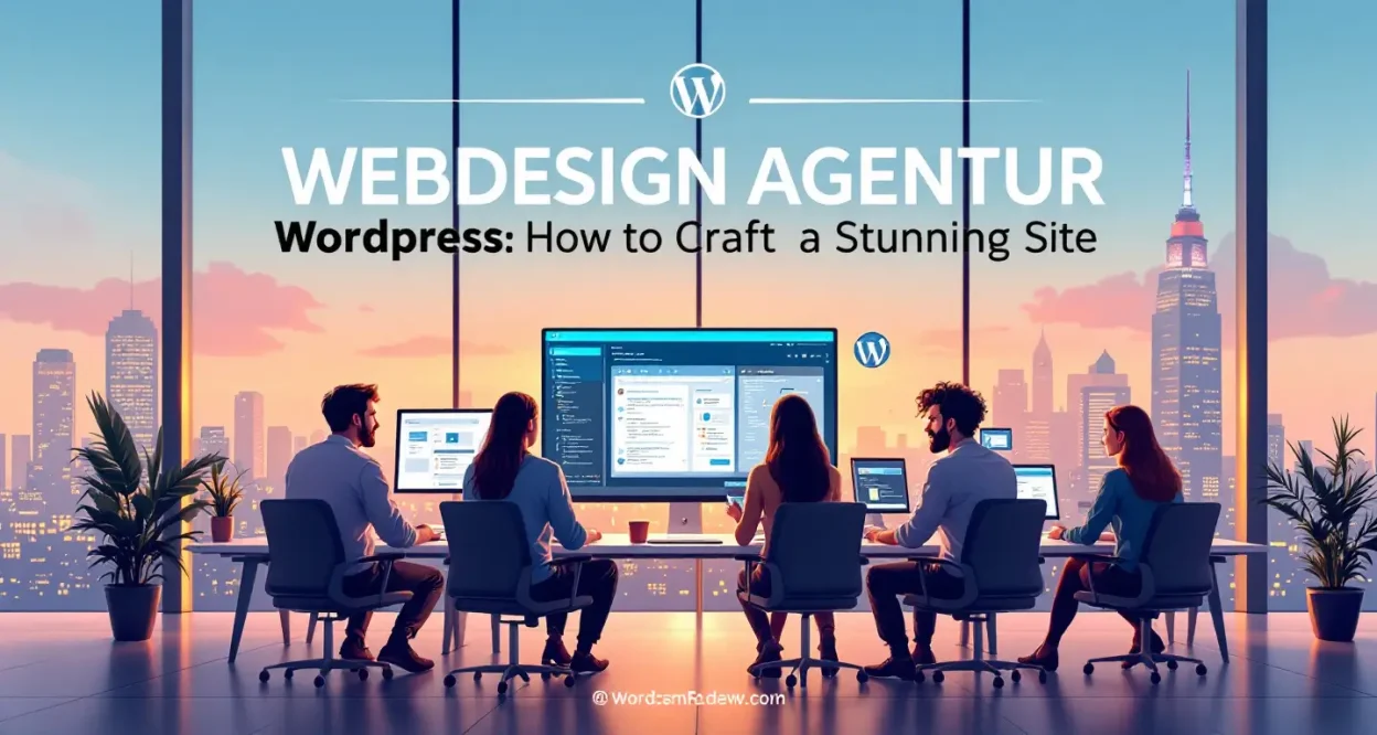 Webdesign agentur WordPress illustration showcasing design elements and teamwork