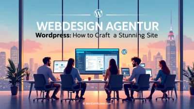 Webdesign agentur WordPress illustration showcasing design elements and teamwork