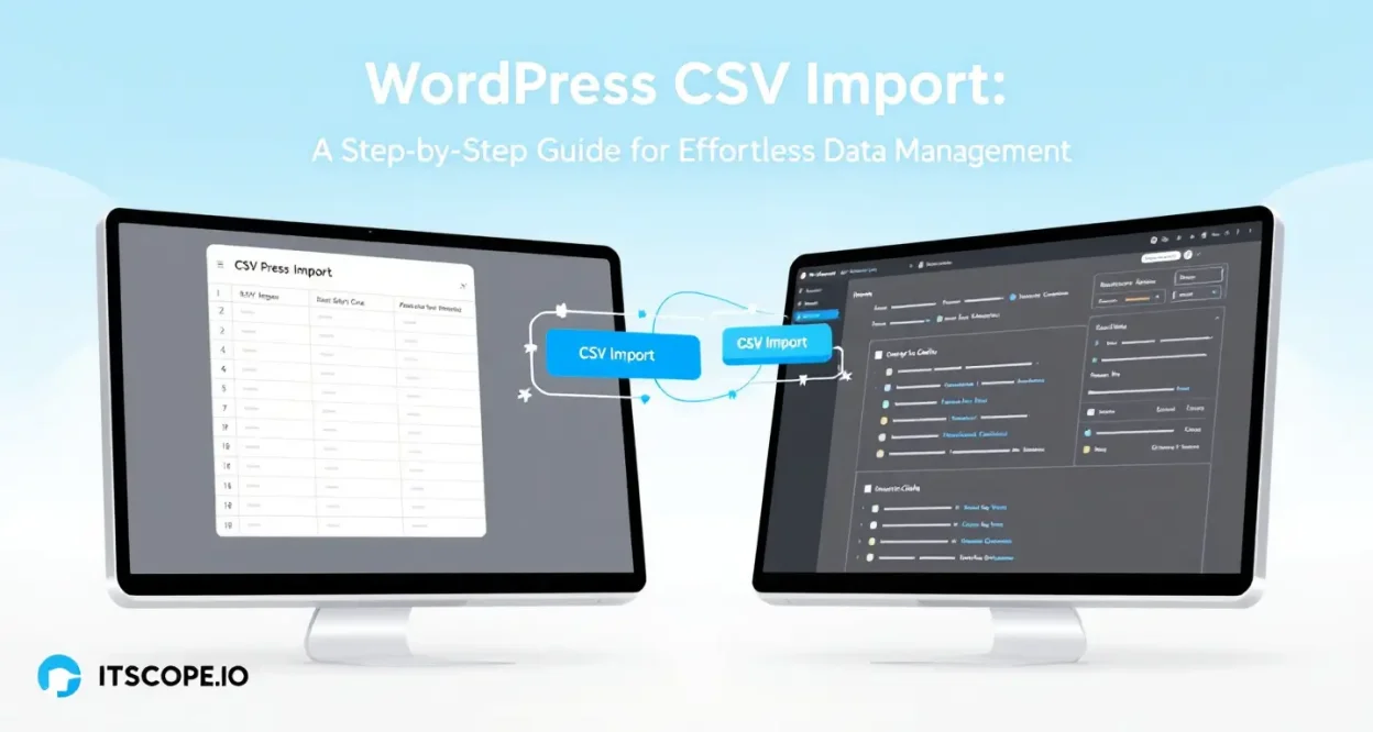 WordPress CSV Import guide illustration featuring spreadsheet integration into WordPress