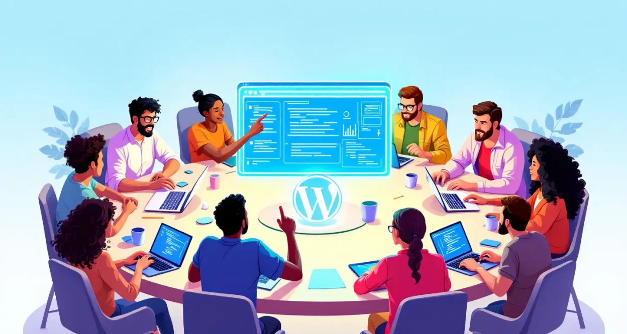 WordPress Developer Recruitment illustration showing a professional team of developers working together