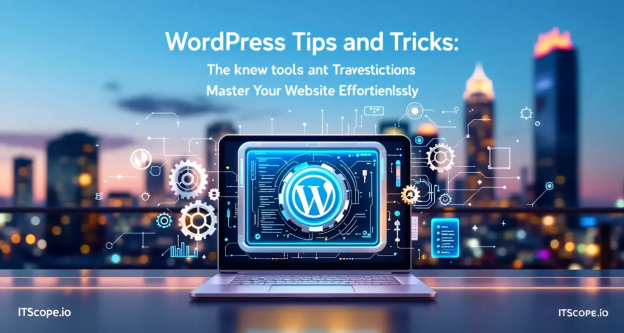 WordPress Tips and Tricks illustration showing a digital toolkit for optimizing websites