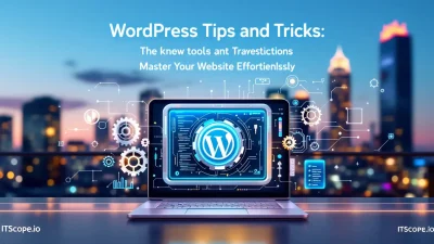 WordPress Tips and Tricks illustration showing a digital toolkit for optimizing websites