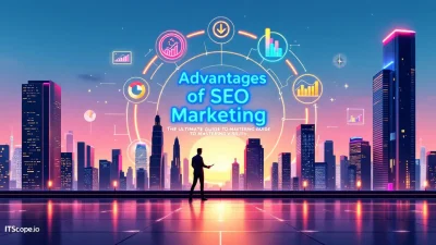 Advantages of SEO Marketing illustration showing key strategies and tools discussed in the blog