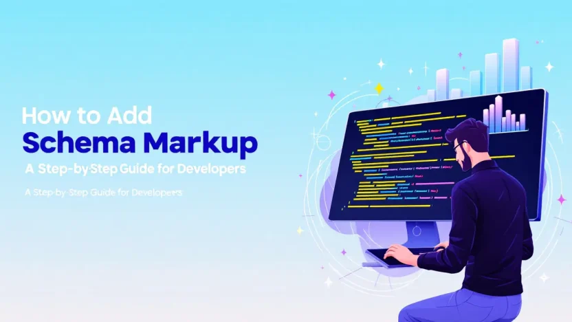 How to Add Schema Markup illustration showing a developer enhancing SEO with schema code