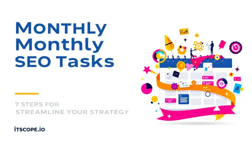 Monthly SEO Tasks illustration showing key optimization strategies for IT professionals