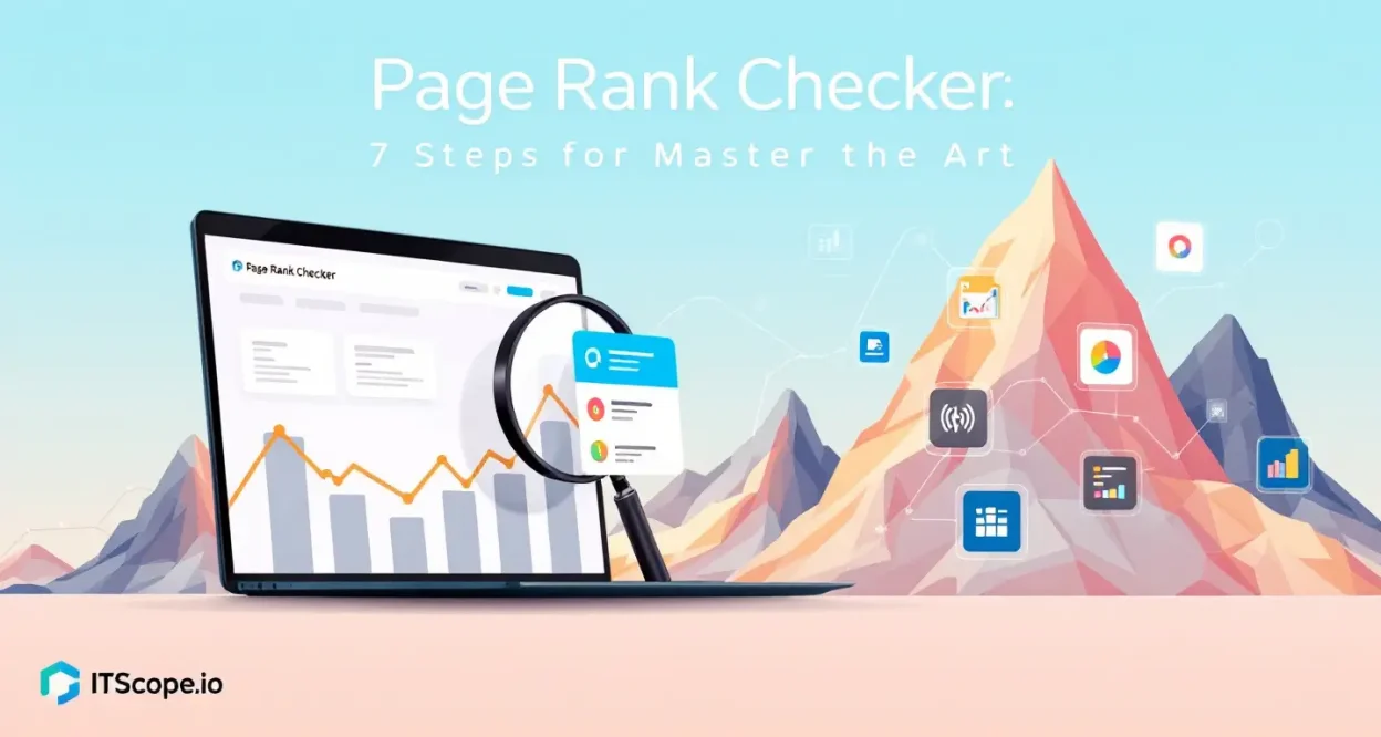 Page Rank Checker illustration depicting tools and graphs for SEO analysis