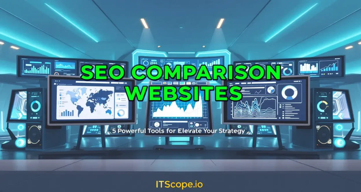 SEO comparison websites illustration showing analytical tools and comparison charts for strategic insights